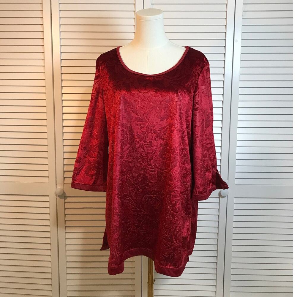 Ruby Rd Retro Whimsigoth Red Embossed Velvet Tunic Blouse XL